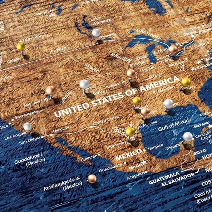 ElephantStock - Personalized Our Travel I Push Pin World Map Wall Art - Horizontal Canvas Wall Art - Living Room Wall Decor - Digital Art Map Canvas Art - Brown And Blue Decor - 48" x 32"