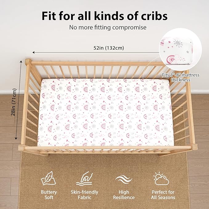 Baby Crib Sheets Girl, 3 Pack Toddler Bed Sheets Fitted for 52”x28” Standard Crib and Toddler Mattresses, Super Soft Microfiber Pink Rainbow