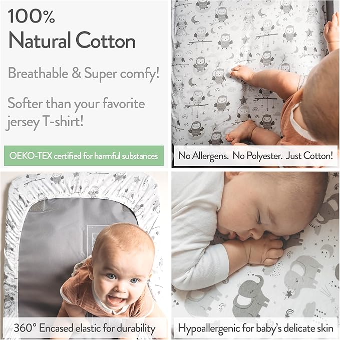 Bassinet Fitted Sheets for Baby Beside Dreamer Bassinet & Bedside Sleeper – Snuggly Soft 100% Jersey Cotton – 2 Pack – Grey Elephants, Cloud, Stars, Moon, Owl