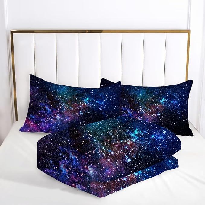 kxry Blue Purple 3D Galaxy Comforter Set Queen Size Outer Space Starry Sky Universe Bedding Sets for Girls Teens Kids 1 Comforter + 2 Pillow Cases