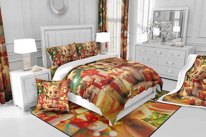 Cartoon Rabbit Comforter Set Twin Size,Merry Christmas Bedding Set for Kids Boys Girls Room Decor,Christmas Tree Star Snowflake Quilt Set 2Pcs,Cute Animal Xmas Fashion Duvet Insert,1 Pillowcase