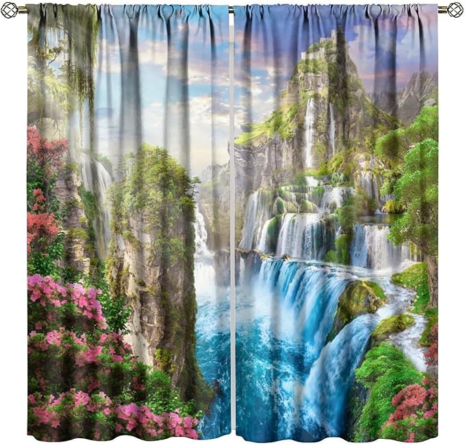Forest Waterfall Blackout Curtain, Watercolor Tropical Jungle Waterfall Spring Flower Natural Scenery Pattern Window Drapes, for Bedroom Living Room 63" W X 72" L