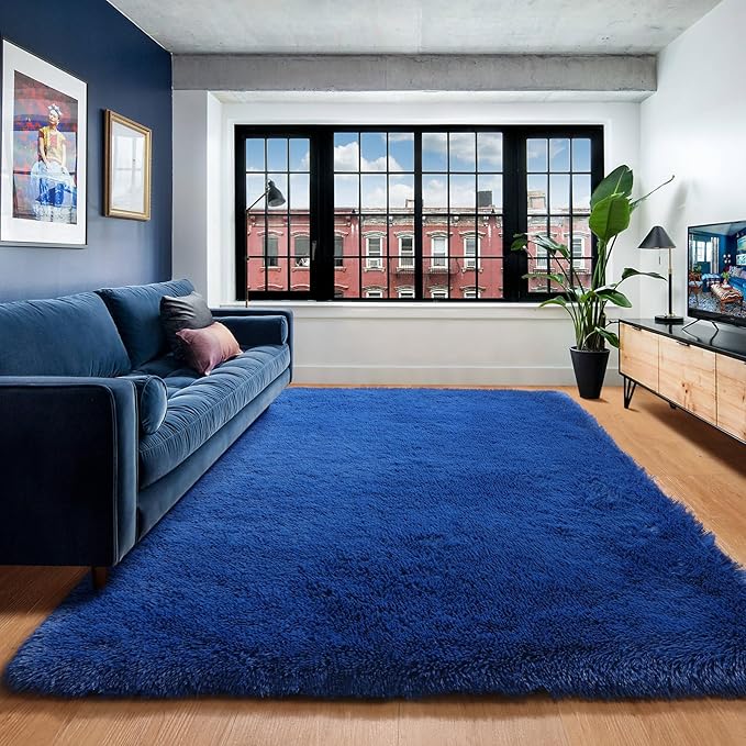 ONASAR Navy Blue Area Rugs for Living Room Bedroom, 5x8 Fluffy Bedside Rug, Washable Soft Plush Fuzzy Shaggy Indoor Floor Carpets for Nursery Kids Boys Girls Men Teen Playroom Home Decor Aesthetic