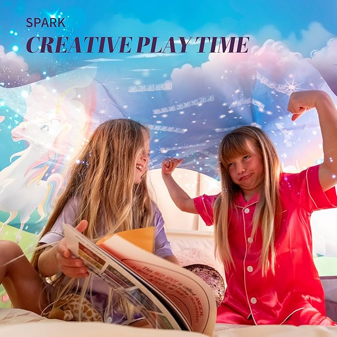 Unicorn Themed Toddlers Canopy Tent for Bed | Magical Glow-in-The-Dark Elements & Friendship Affirmations | Cozy Kids Bed Tent Twin for Bedtime Reading Nook & Imaginative Play