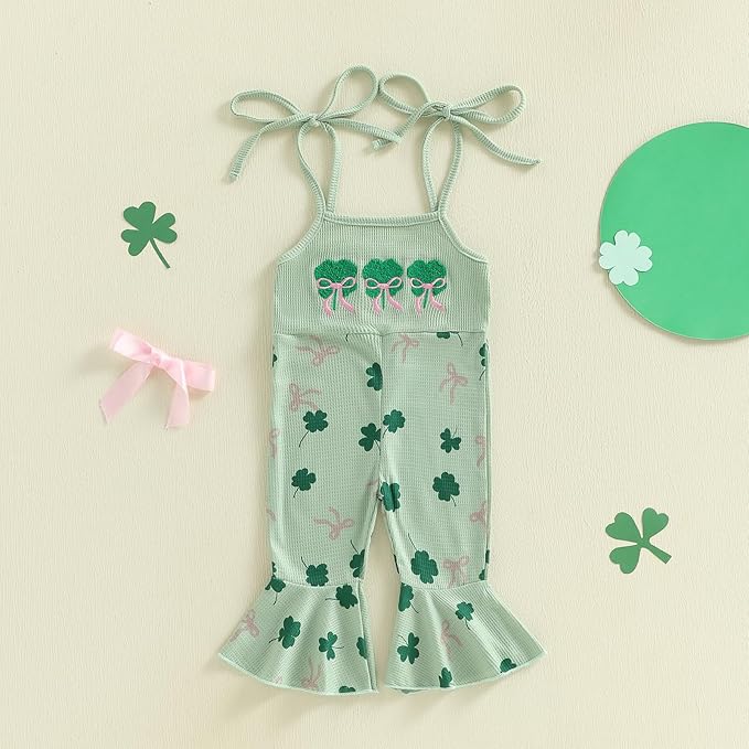 Toddler Baby Girl Valentines Day Outfit Love Sleeveless Tie-up Suspender Romper Bell Bottom Pants Spring Jumpsuit