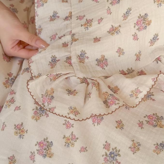 BuLuTu Kids Toddler Girls Duvet Cover Twin Retro Tuberose Floral Quilt Cover with Ruffles, Muslin Comforter Cover Soft Breathable Gauze Cotton Children Bedding, No Pillow, Zipper,4 Ties