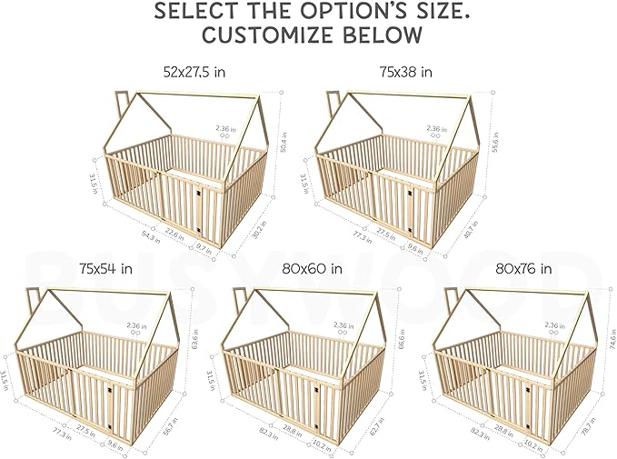 BUSY WOOD Montessori Bed with High Rails for Toddlers - Twin Floor Bed - Full, Queen, King, Small - Wooden Floor Bedframe (Model 21)