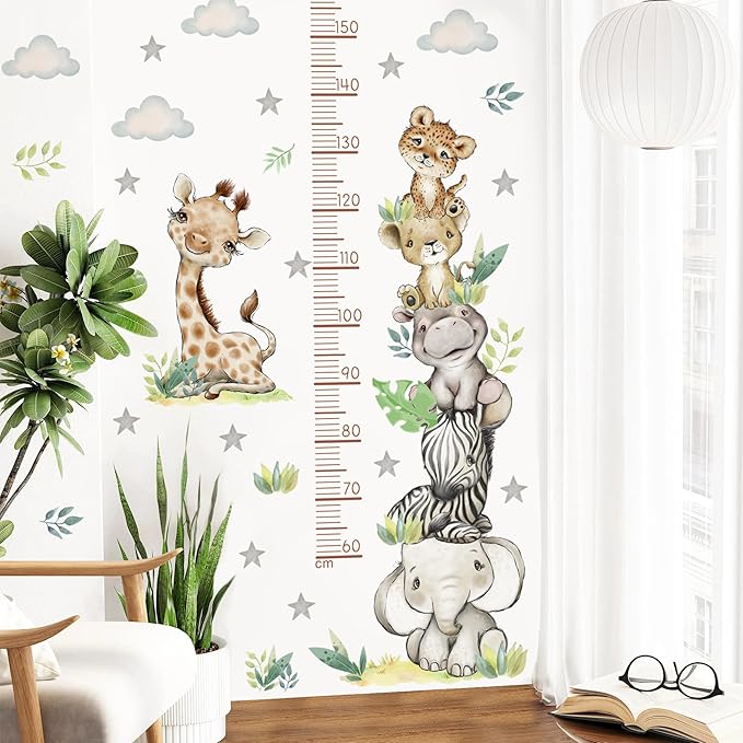 Jungle Animals Height Chart Sticker for Kids Height Measurement Growth Chart Wall Decals Cartoon Animals Giraffe Elephant Height Measurement Ruler Wall Decor for Kids Baby Bedroom Classroom Decoration