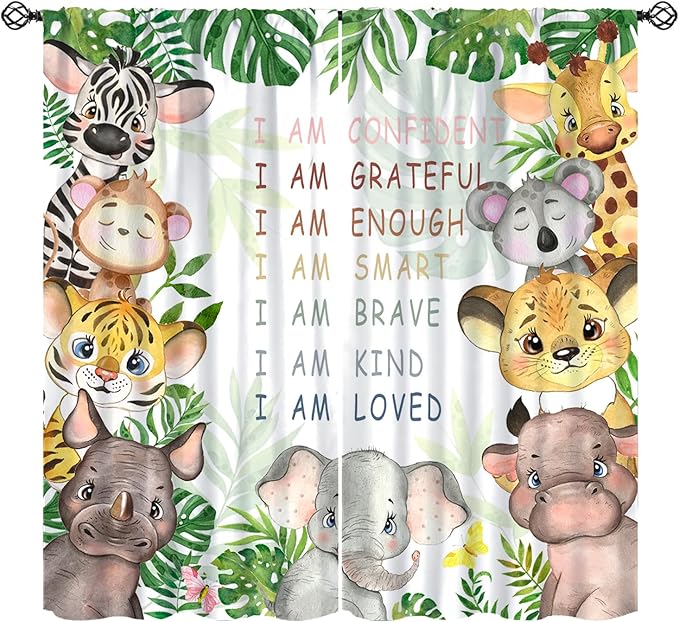 Cartoon Safari Animal Curtains Cute Watercolor Wildlife Jungle Window Treatments for Kids Boys Girls Bedroom Living Room Inspirational Motivational Quotes Nursery Children Drapes W42xL63"(Decor)