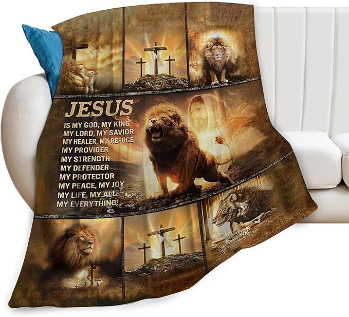 Christian Blanket for Men Christ Lion Jesus Religious Faith Throw Blanket Soft Cozy Warm Fuzzy Fleece Christian Bedroom Decor Blanket Gifts for Men Women Couch Sofa Bed 80"X60"