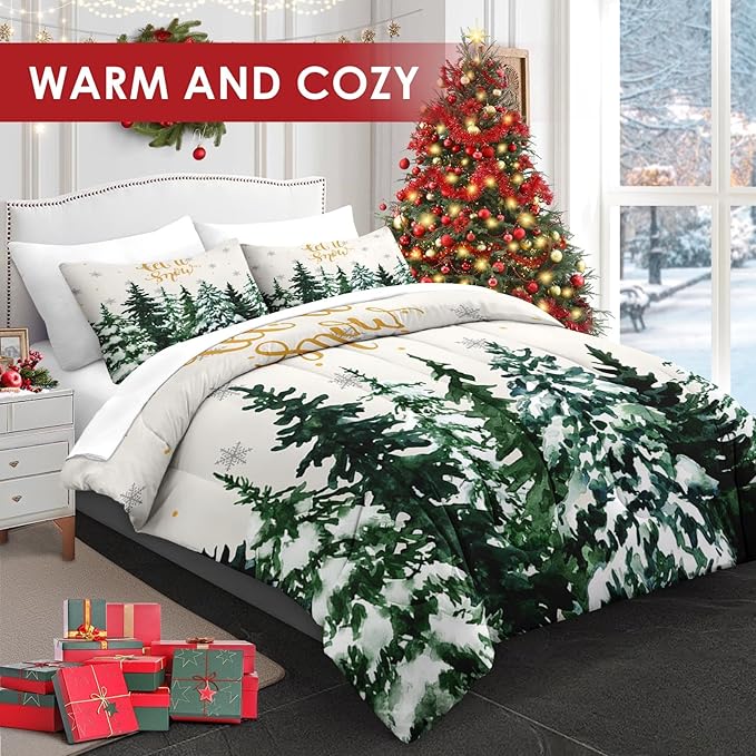 7 Pcs Queen Size Christmas Comforter Set with 2 Pillowcases & 2 Shams, Countryside Nature Snowy Bedding for Kids and Adults, Winter Forest Green Pine Tree Bed in a Bag with Flat Fitted Sheet