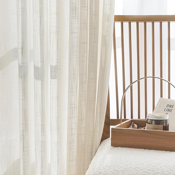 FMFUNCTEX Linen Semi Sheer Natural Curtains for Bedroom Living Room, Beige Curtain Panels 72 Inches Length Sheer Linen Textured Window Drapes Farmhouse Light Filtering 2 Panels Rod Pocket