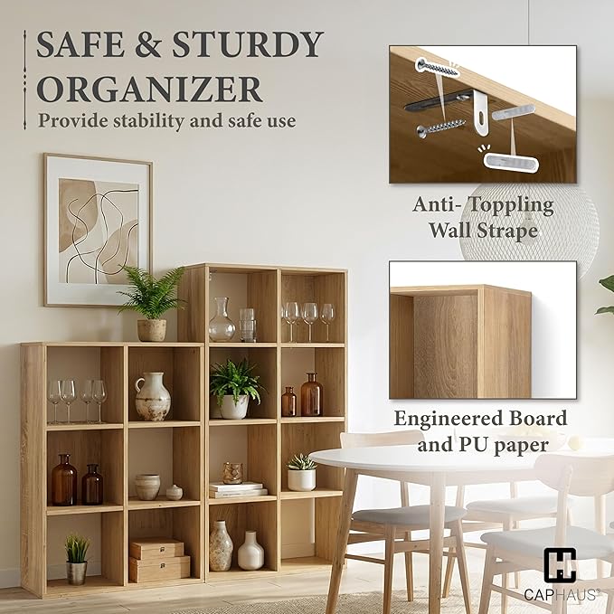 CAPHAUS 11-Inch Cube Storage Organizer Shelf, Home Storage Shelf Divider w/Back, 9-Cube Storage Bookcase, Natural Oak