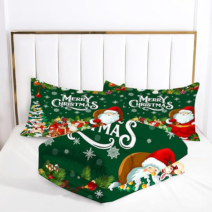 Green Christmas Comforter Queen: Merry Xmas Santa Claus Bedding Set Queen Size for Teens Adults Kids Pine Tree Gifts Gingerbread Quilt Bed Set 1 Comforter & 2 Pillowcases
