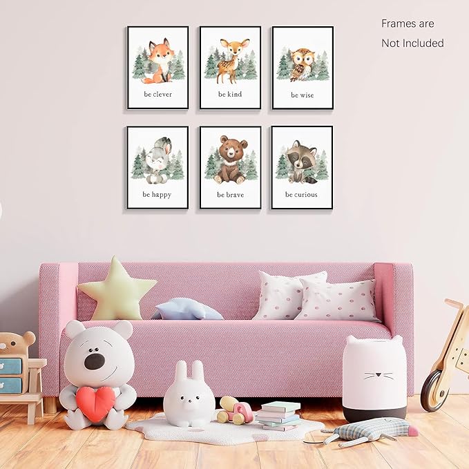 Wodkwq Nursery Wall Art Woodland Animal Canvas Prints Baby Girl Boy Room Decor Cute Poster Pictures Forest Theme Toddler Room Decoration Painting Set of 6 for Kids Bedroom Bathroom 12x16in Unframed