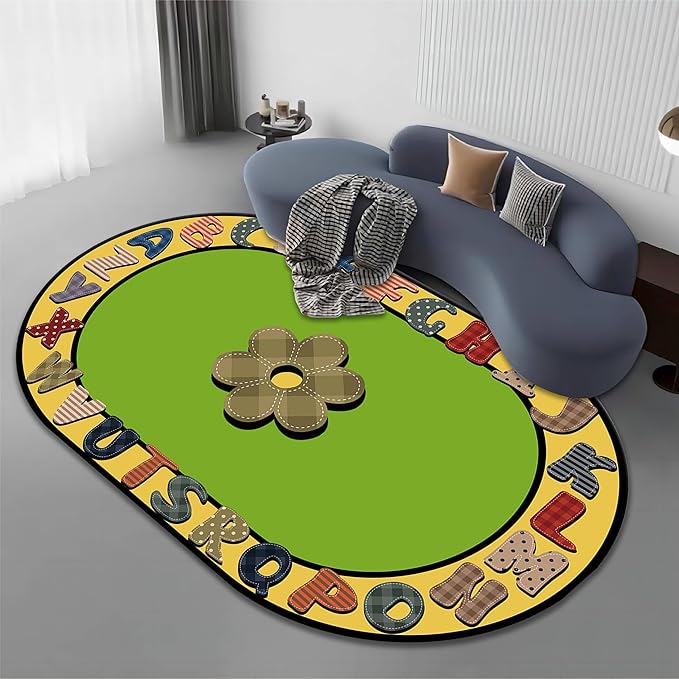 Children's Area Rugs, 5x8ft, Educational And Fun Rugs with ABC Alphabet, Early Learning Rug for Playroom Game Activity, Plaid Floral Non-Slip Soft Indoor Play Mat for Bedroom Nursery, Oval Rug