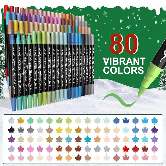 80 Colors Acrylic Paint Markers, Waterproof Dual Tip Acrylic Paint Pens with Brush and Fine Tip, Markers Set for Paper, Rock, Wood, Canvas, Glass, Ceramic and DIY Crafts Making Art Supplies
