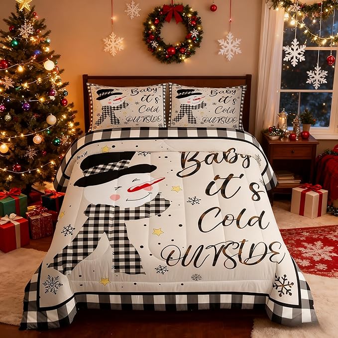 Kids Christmas Snowman Comforter Set Queen Size,Snowflake Winter Bedding,Girls Boys Adults Bedroom/Xmas Cabin Decor,Geometric Grids Lattice Down Comforter,Rustic Vintage Duvet Insert,2 Pillowcases