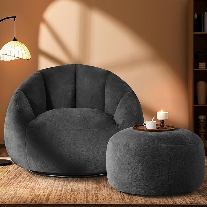 Giant Bean Bag Swivel Chair for Adults with Ottoman - Comfy Plush Round Shell Soft Accent Chaise Lounge Indoor Reading Chair, Oversized Cozy Floor Sofa for Living Room, Bedroom Dorm, Gray