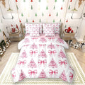 Manfei 7 Pieces Pink Bowknot Kids Comforter King,Christmas Trees Pine Bow Tie Toddler Bedding Set,Merry Christmas Happy New Year Xmas（Comforter+Fitted+Flat Sheet+2 Pillowcases+2 Throw Pillow Covers）