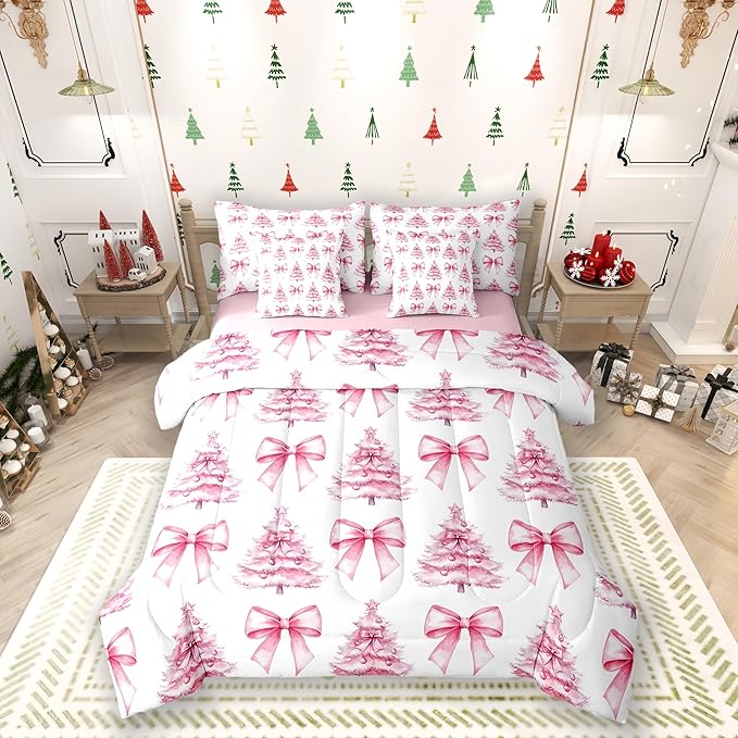 Manfei 7 Pieces Pink Bowknot Kids Comforter King,Christmas Trees Pine Bow Tie Toddler Bedding Set,Merry Christmas Happy New Year Xmas（Comforter+Fitted+Flat Sheet+2 Pillowcases+2 Throw Pillow Covers）