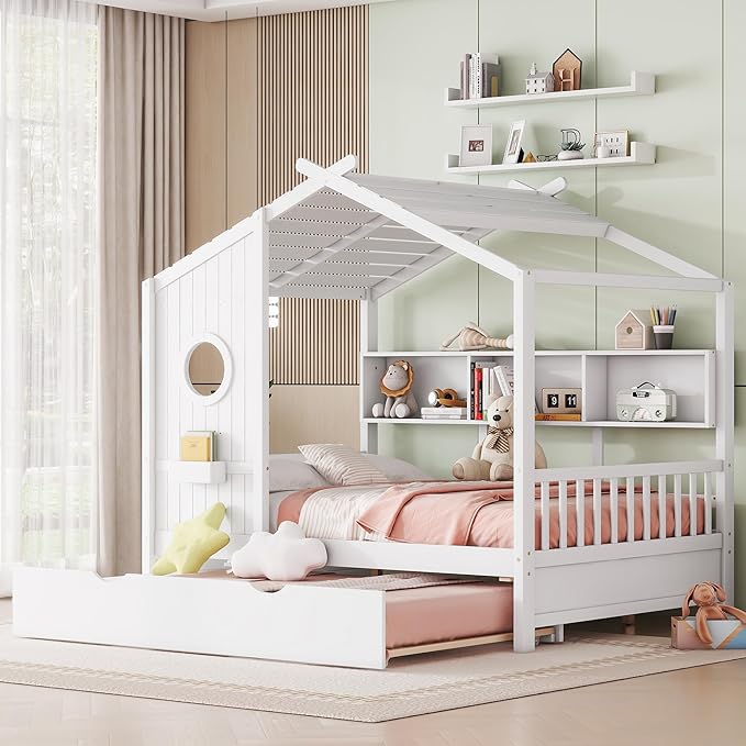Harper & Bright Designs Full Size Modern House Bed with Roof, Wooden Twin Kids House Bed Frame with Trundle and Storage Shelf, White