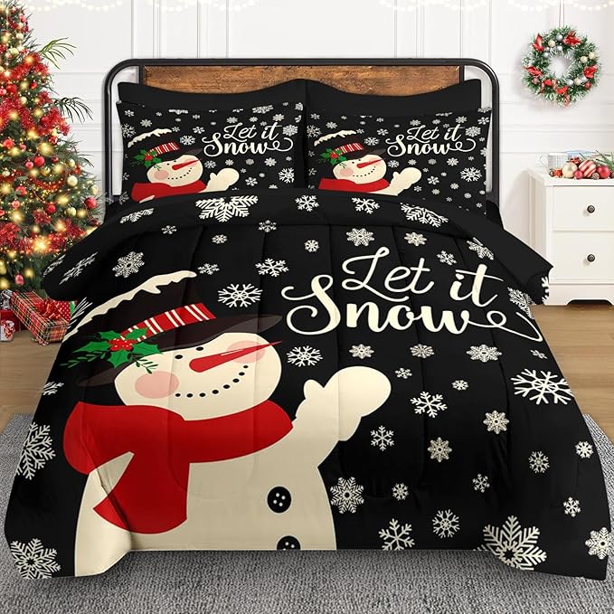 7 Pcs Queen Size Christmas Comforter Set with 2 Pillowcases & 2 Shams, Black Cartoon Snowman Bedding for Kids and Adults, Retro Snow Scene Bed in a Bag with Flat Fitted Sheet