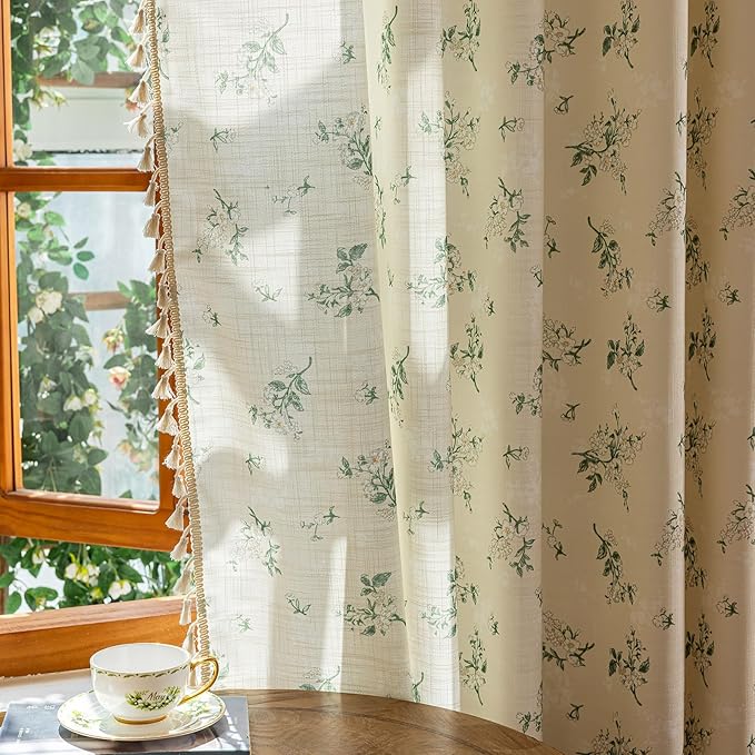 ENJOYBRIDAL White Floral 96 Inch Curtains 2 Panel Set Bedroom Tassel Drapes Boho Decor Semi Sheer Long Window Curtain Panels Living Room Rod Pocket Patterned Cute Rustic Window Treatments