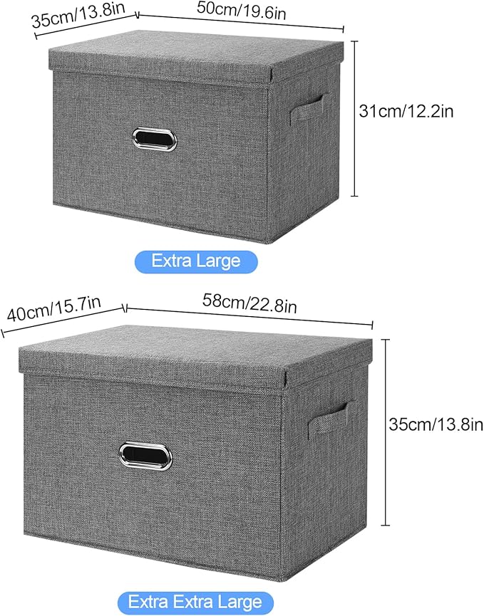 Large Linen Fabric Foldable Storage Bins with Removable Lid and Handles, Washable Storage Box Organizer Containers Baskets Cube with Cover for Bedroom,Office(Cream, XXL(2-Pack))
