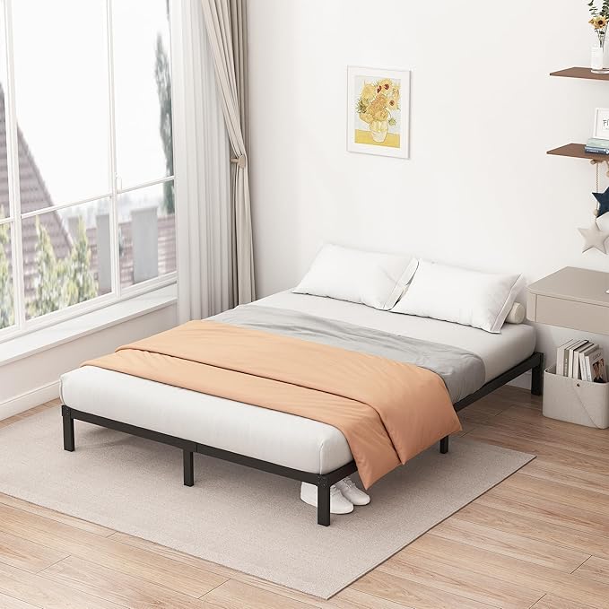 9 Inch Low Queen Bed Frame Heavy Duty Metal Platform, No Box Spring Needed, Easy Assembly Mattress Foundation, No Noise, Black