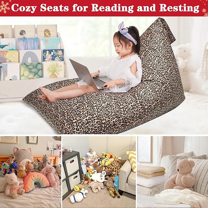 Jorbest Stuffed Animal Storage Bean Bag Chair Cover for Kids and Adults, Luxury Velvet Bean Bag Stuffed Animal Storage, Leopard Print Covers Only without Filling (200 L/52 Gal)