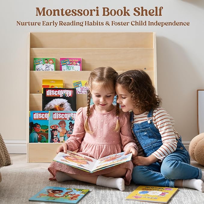 Montessori 5-Tier Kids Bookshelf, Wood Toddler Book Display Shelf & Baby Book Rack for Playroom, Nursery & Children's Room