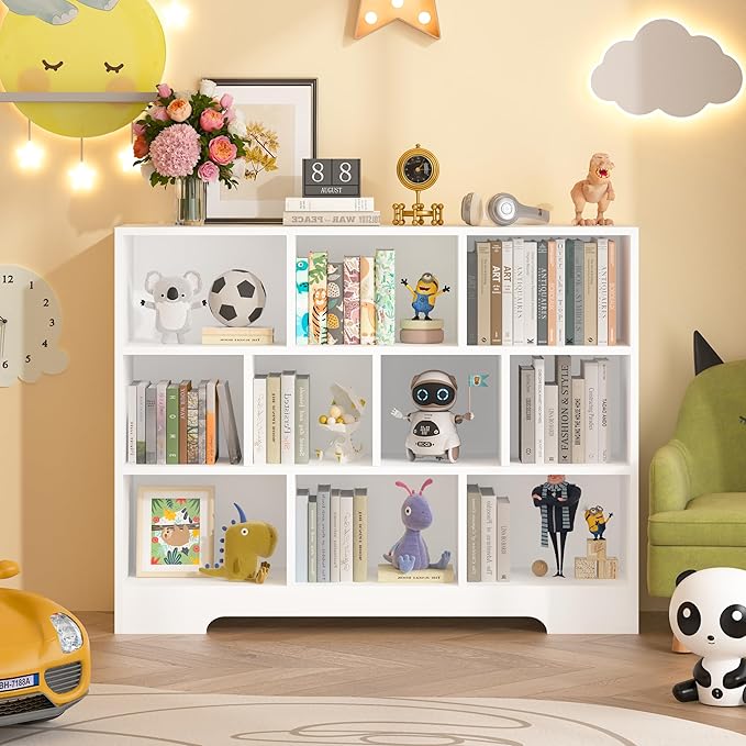 Kids Book Shelf Set of 2, 10 Cubes Storage Organizer Montessori Bookshelf, 3-Tier Wooden Kids Bookcase, Toy Storage Organizer for Children, White Toddler Bookshelf Cube Shelf for Kid’s Room