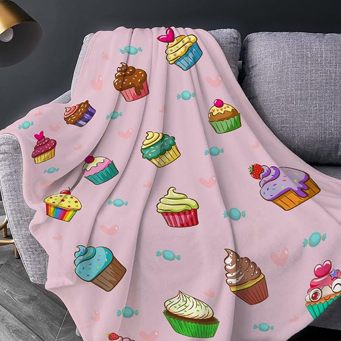 Thuswarm Cupcake Candy Pink Flannel Throw Blanket Warm Cozy Soft Funny Print Blankets for Bed Couch Sofa Room Decoration Gifts 60”×50” Medium for Teen