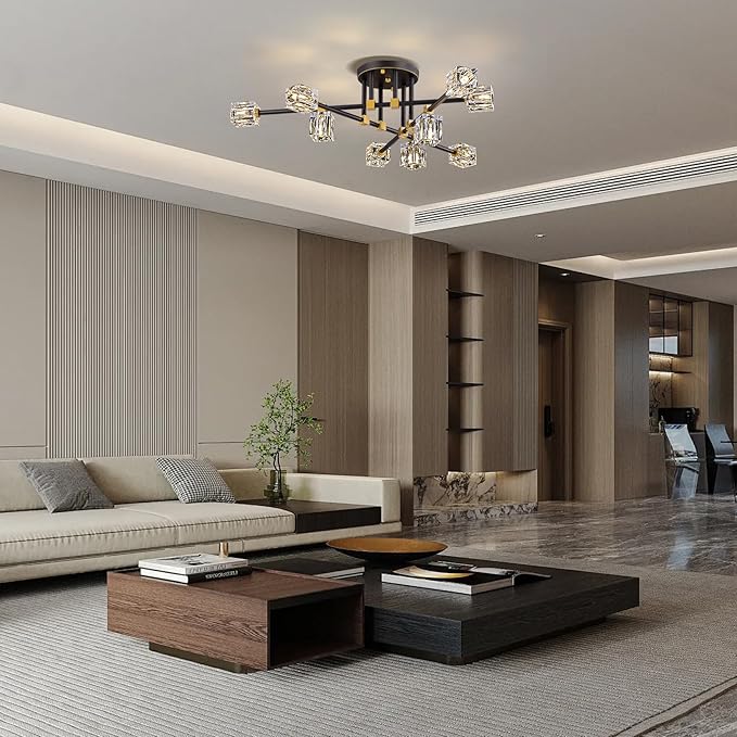 Modern Sputnik Chandelier, Semi Flush Mount Ceiling Light Fixture with 9-Lights, Black and Gold K9 Crystal Ceiling Light for Living Room, Dining Room, Foyer,Kitchen Island,Bedroom