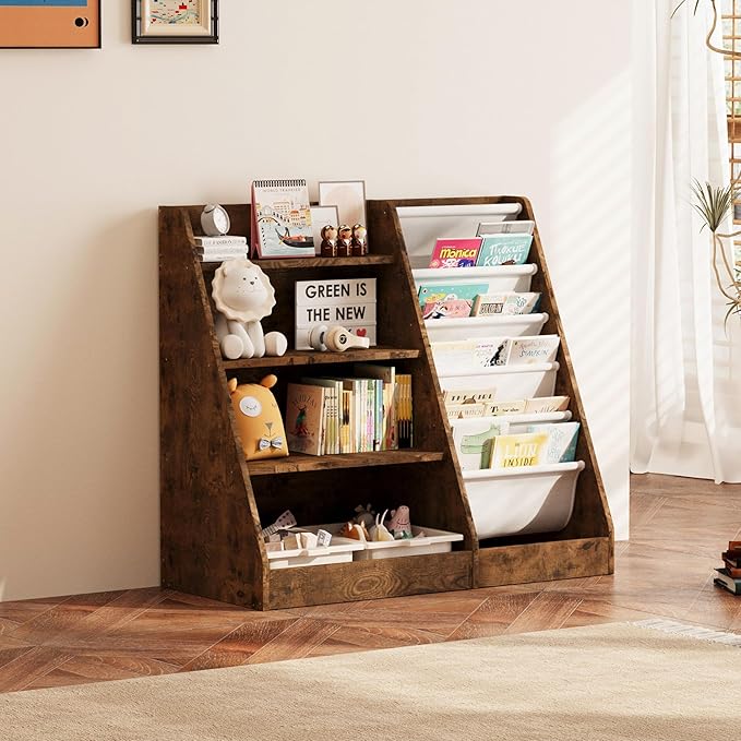 NACHES Montessori Kid Bookshelf Toddler Bookcase Cabinet Children Book Rack Display Toy Storage Organizer 4 Tier 5 Sling Deep Sleeves Classroom Bedroom Nursery Playroom Wood (Rustic)