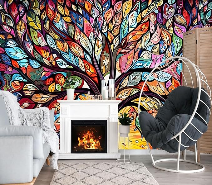 XMPMBM-Vintage Abstraction Art Forest backsplash Large Decorative Wallpaper Colorful Graffiti Tree Bedroom Bathroom Wall Mural- W 88" X H 59"（36 Square Foot）