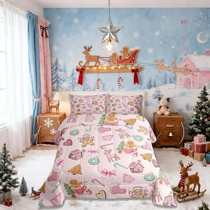 Merry Christmas Kids Bedding Set Queen Size,Gingerbread Man Elk Deer Bowknot Comforter Set,Cute Girly Bow Tie Xmas Tree Quilt Comforter,Pink Colorful Bedroom Duvet Insert,2 Pillowcases