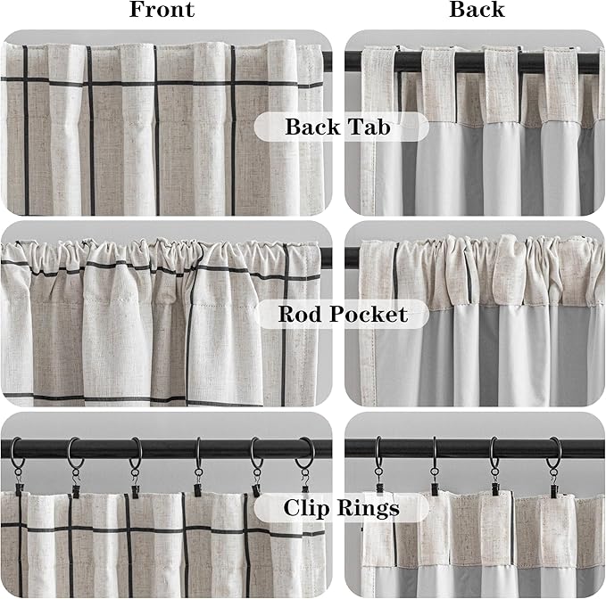 MYSKY HOME 100% Blackout Plaid Farmhouse Linen Curtains 90 Inch Long 2 Panels Set for Living Room Double Layer Windowpane Drapes Thermal Insulated Privacy Protection Rod Pocket Back Tab, 52" W, Black