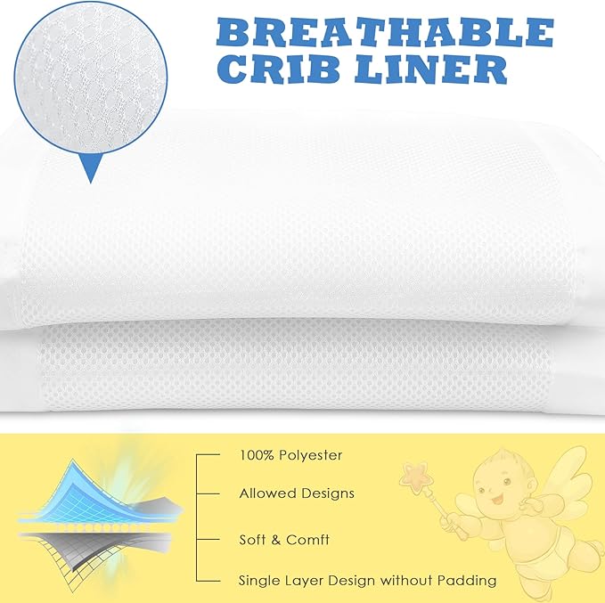 Upgraded Mini Crib Breathable Mesh Liner, Standard Length, More Straps for Fixing Liner, Protects Legs and Arms, 3mm Breathable Mesh, Only Fits 38" x 24" Mini Crib