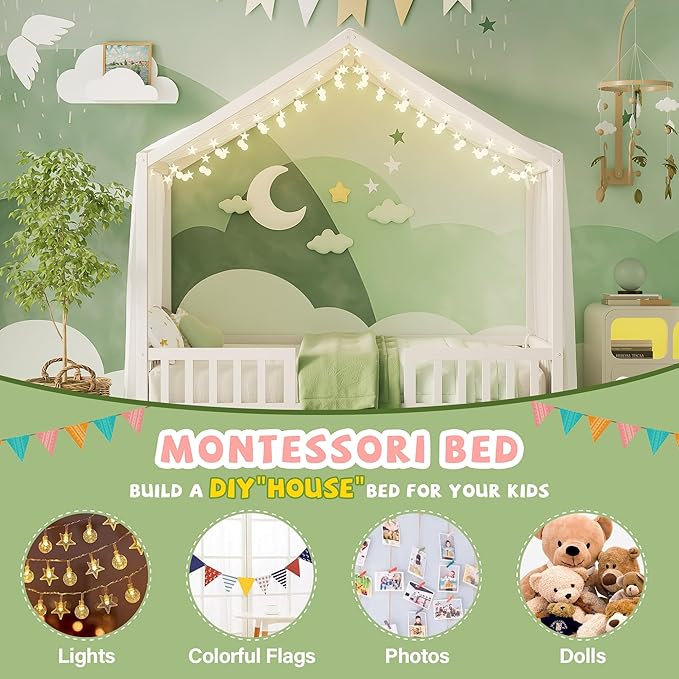 Montessori Floor Bed with Canopy, High Railings and Roof, Twin Size Wood House Bed Frame for Kids Bedroom (White/C2)