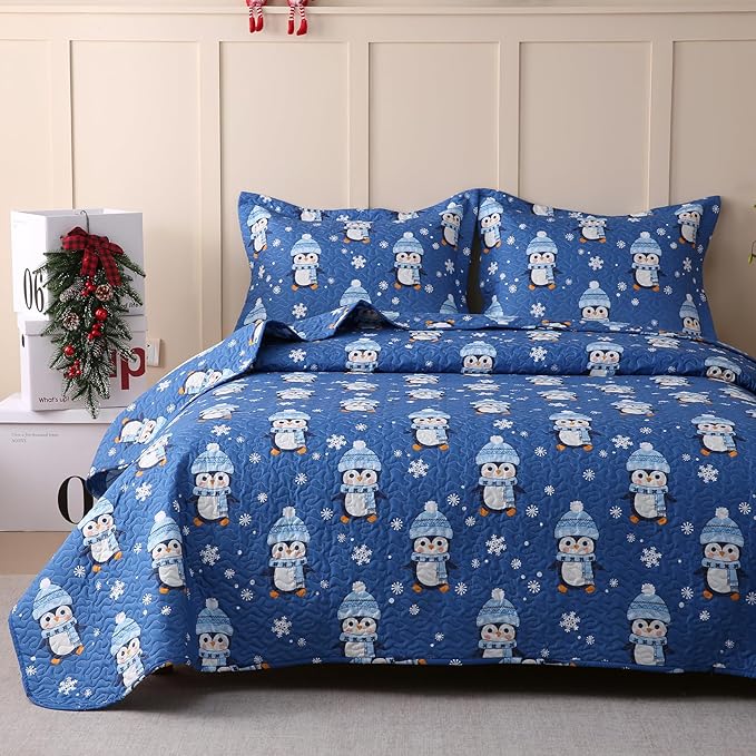 JSD 3 Pcs Kids Christmas Quilt Set Full/Queen, Blue Penguin Christmas Theme Bedding, Soft Microfiber Bedspread Coverlet Holiday Quilted Blanket