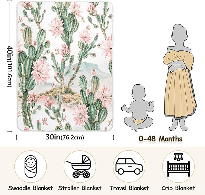 Cactus Baby Blanket for Girls Boys Soft Warm Reversible Infant, Newborn, Toddler Receiving Blanket Unisex Travel Throw Blanket for Crib Stroller Nursery, 30"x40"