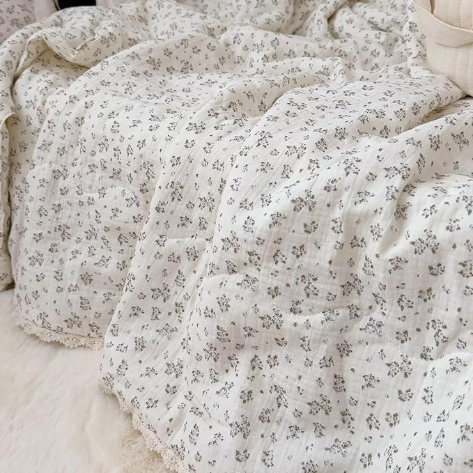 BuLuTu Muslin Cotton Quilt for Toddler Girls Boys, Blue Brown Floral Blanket for Crib/Cot/Toddler Bed Blanket, Soft Lightweight Kids Comforter with Lace Edges, 60x78 Inches, No Pillow Case