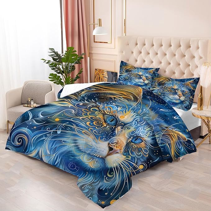 Cat Comforter Set King: Blue Cat Print Bedding Sets Mystic Ethnic Kitten Quilts for Women Men Adults Mandala Boho Exotic Feline Bed Set 1 Comforter & 2 Pillowcases