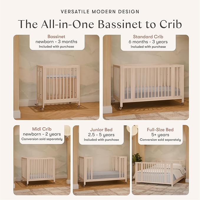 babyletto Rolli Convertible All-Stages® Bassinet and Full-Size Crib in Washed Natural, Greenguard Gold Certified, Portable & Adjustable with Conversion Kits and Pads Included