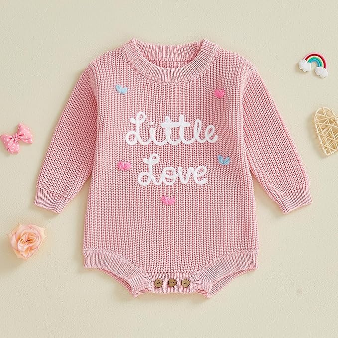 Lesimsam Newborn Baby Boy Girl Valentines Day Outfit Oversized Embroidery Long Sleeve Knit Sweater Bubble Romper Bodysuit