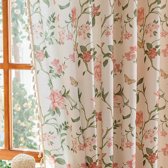 ENJOYBRIDAL Pink Floral 84 Inch Curtains for Bedroom Living Room Drapes Semi Sheer Boho Rod Pocket Farmhouse Window Curtains 2 Panel Sets Floor Length Light Filtering Vintage Cute Window Treatments