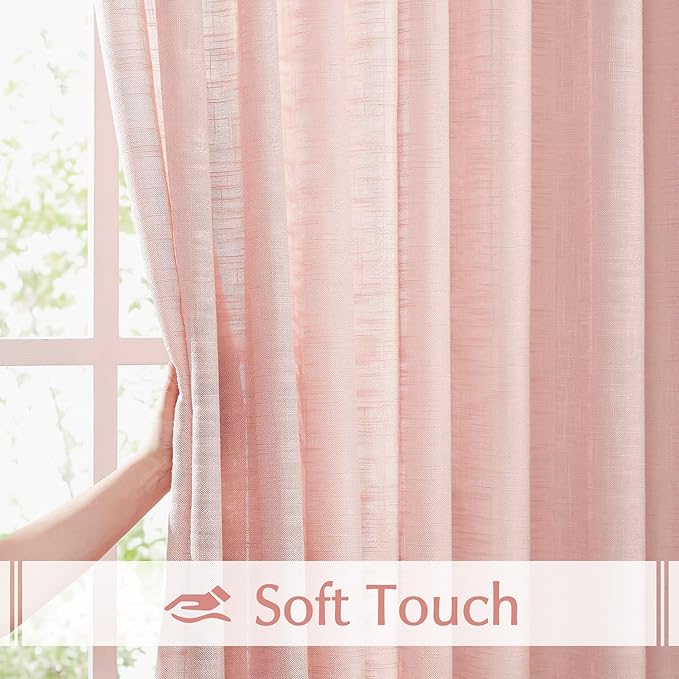FMFUNCTEX Linen Semi Sheer Curtains for Living Room, Blush Pink Curtains 108 Inches Long for Bedroom, Farmhouse Sheer Extra Long Drapes, Light Filtering Windows Curtain Panels, Grommet Top 2 Panels