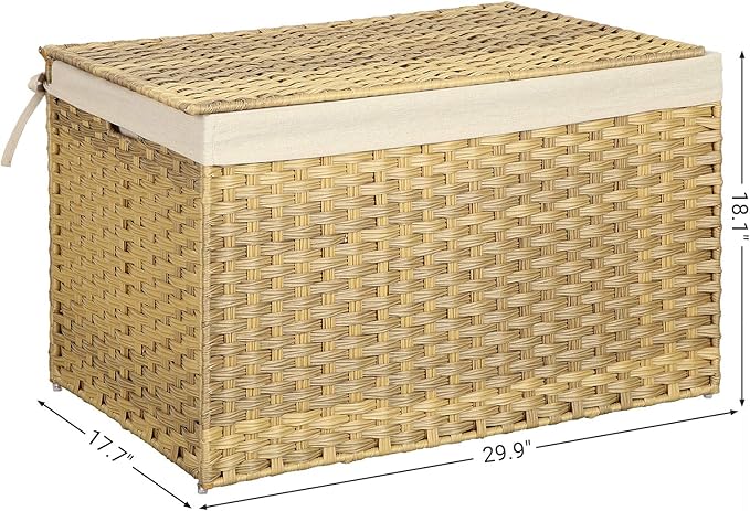 SONGMICS Storage Basket with Lid, 42.3 Gallon (160L) Storage Bin, Woven Blanket Storage Basket with Handles, Foldable, Removable Liner, Metal Frame, for Bedroom, Laundry Room, Natural URST76NL